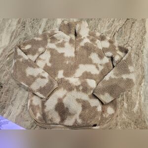LIV Outdoor Women’s Small Cow Print Sherpa Fleece Half Zip Pullover Tan Cream